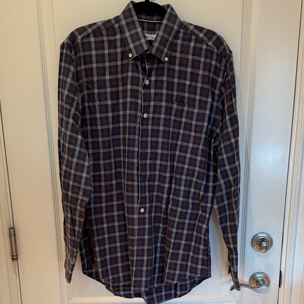 Peter Millar Blue and Brown Plaid Shirt